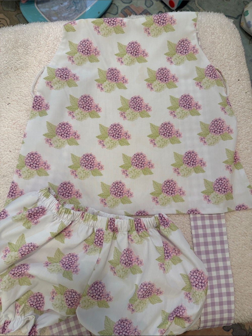 Little Bear Smocks purple floral matching set. Criss cross tie back